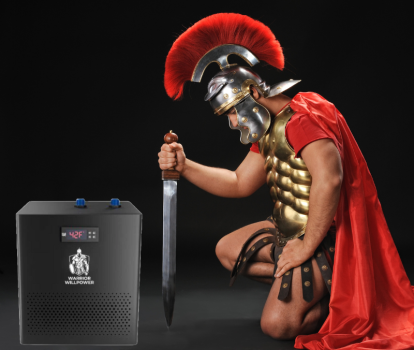 Warrior kneeling next to Warrior Willpower Pro Water Chiller